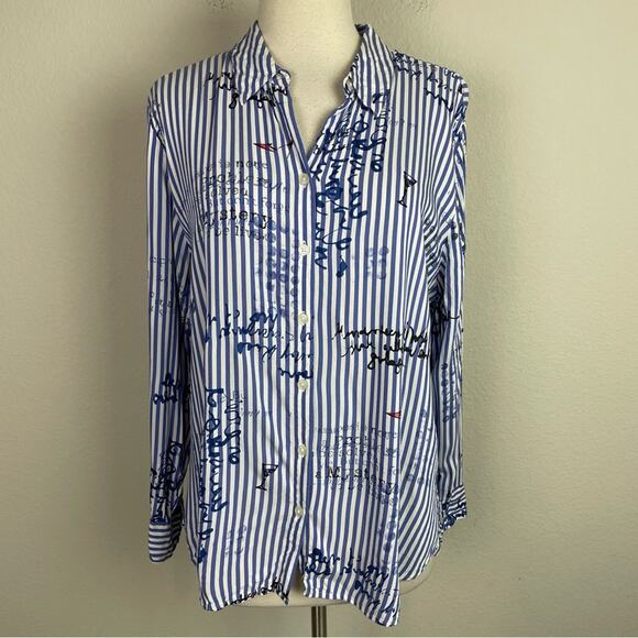 Chico's Blue White Stripe Graphic Long Sleeve Button Top 2 - Picture 1 of 7